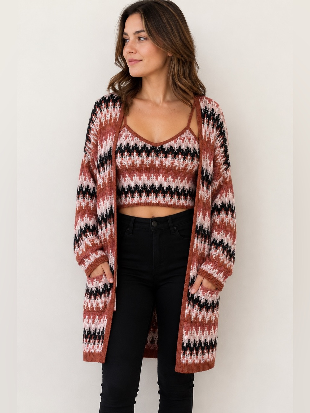 Altar'd State Rust Pink Black Cream Patterned Cardigan & Crop Tank Set